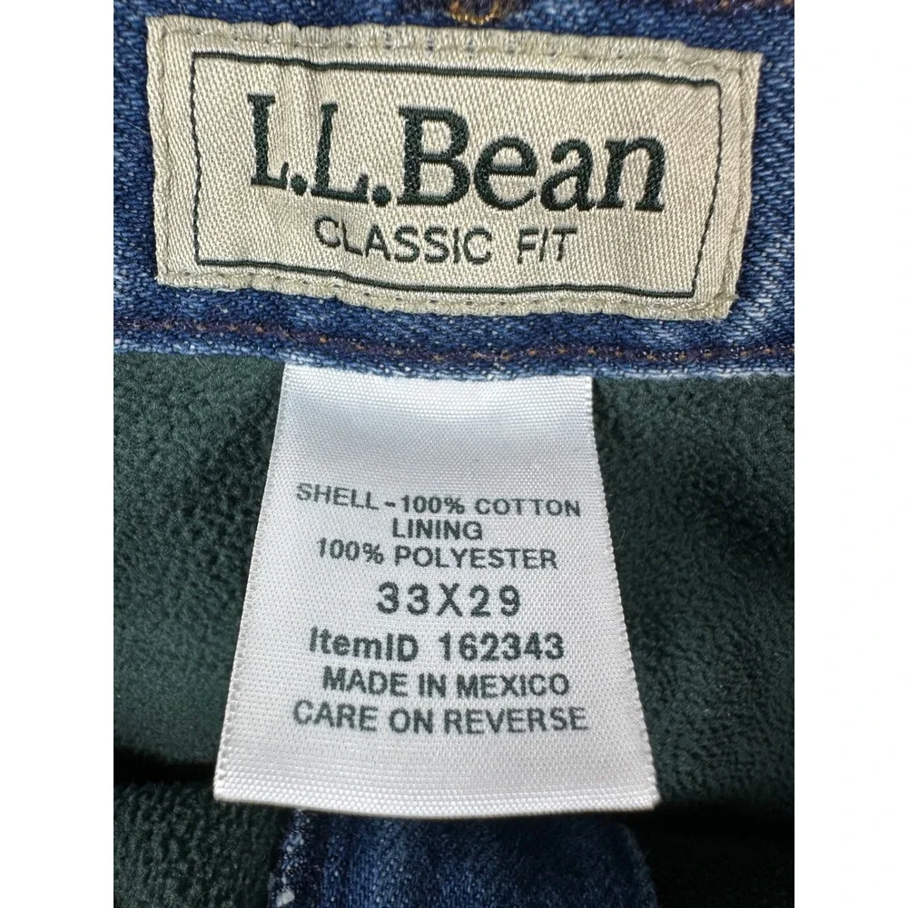 LL Bean Green Fleece Lined Jeans Mens 33x29 Blue‎ Classic Fit Denim Gorpcore